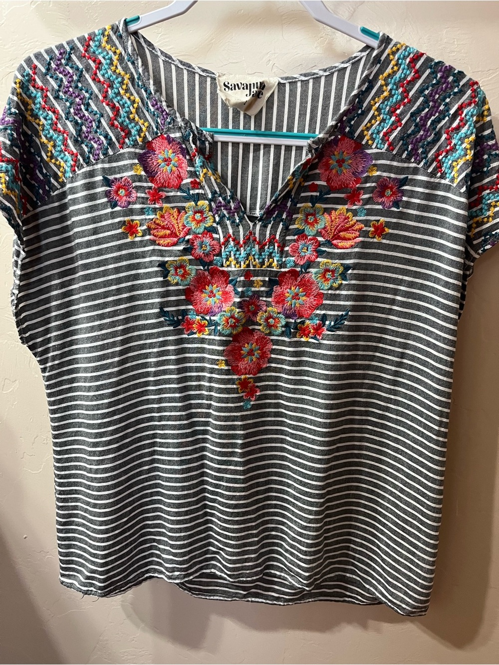 Savanna Jane Gray Striped Top with Multicolor Floral Embroidery